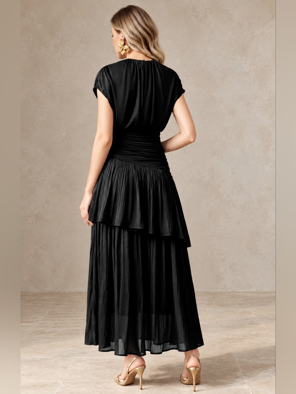 New Luxe Ruched Blouson Dropped Waist Tiered Maxi Dress Black - Picture 3 of 13